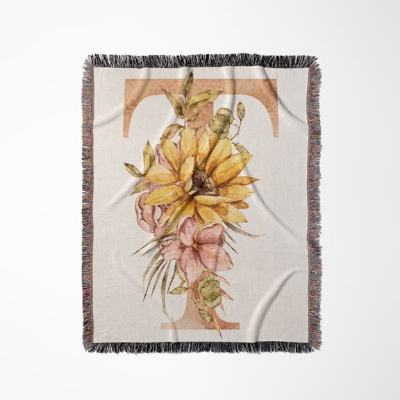 Pretty Sunflower Monogram Initial T, Woven Blanket