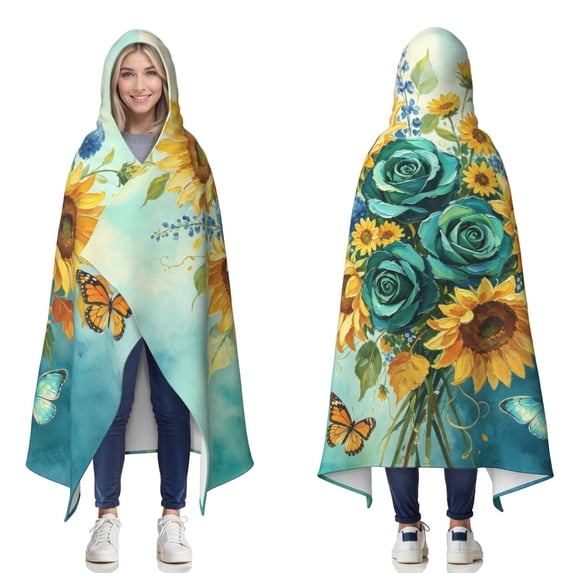 Pretty Sunflower Rose Wearable Blanket Hoodies for Women Men Adults Flower Lovers Vintage Sunflower Rose Hooded Blankets for Couch Home Decor Birthday Gifts 50×60 Inch