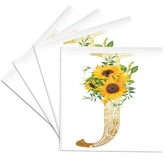 3drose, Pretty Sunflowers Image of Gold Ornamental Monogram Initial J, Set of 4 Ceramic Tile Coasters