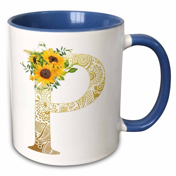 3drose, Pretty Sunflowers Image of Gold Ornamental Monogram Initial P, 15oz Two-tone Blue Mug