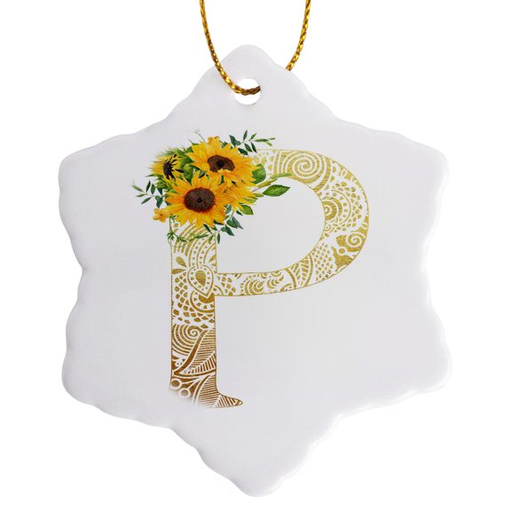 3drose, Pretty Sunflowers Image of Gold Ornamental Monogram Initial P, 3 inch Snowflake Porcelain Ornament
