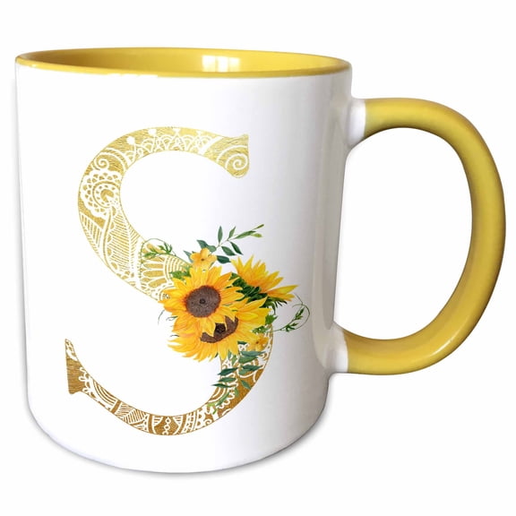 3drose, Pretty Sunflowers Image of Gold Ornamental Monogram Initial S, 15oz Two-tone Yellow Mug