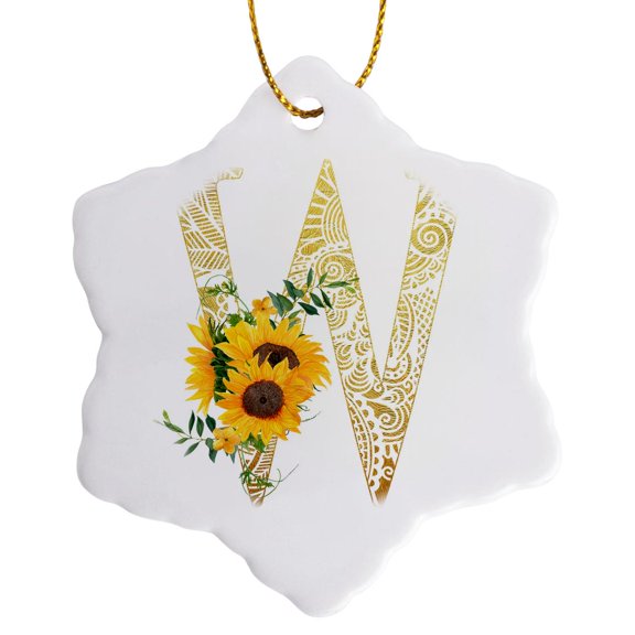 3drose, Pretty Sunflowers Image of Gold Ornamental Monogram Initial W, 3 inch Snowflake Porcelain Ornament