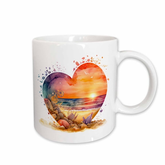3drose, Pretty Sunset Beach in a Heart Illustration, 11oz Mug