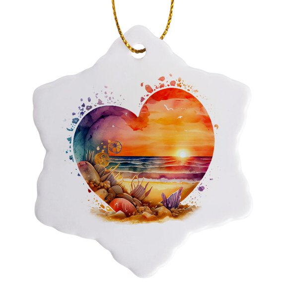 3drose, Pretty Sunset Beach in a Heart Illustration, 3 inch Snowflake Porcelain Ornament