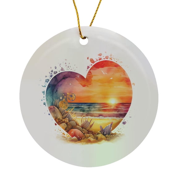 3drose, Pretty Sunset Beach in a Heart Illustration, Circle Porcelain Ornament