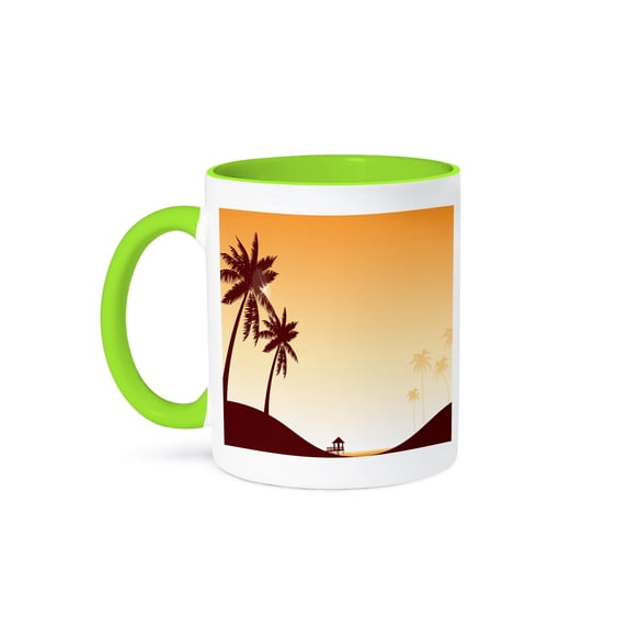 3dRose, Pretty Sunset Beach Scene With Palm Trees, 15oz Two-Tone Green Mug