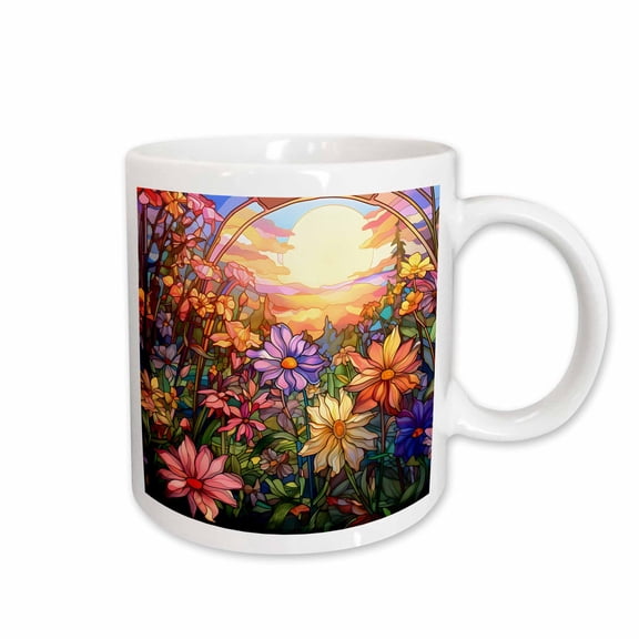 3drose, Pretty Sunset Image of Stained Glass Flower Meadow Background, 11oz Mug