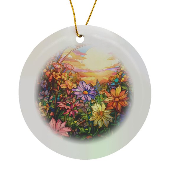 3drose, Pretty Sunset Image of Stained Glass Flower Meadow Background, Circle Porcelain Ornament