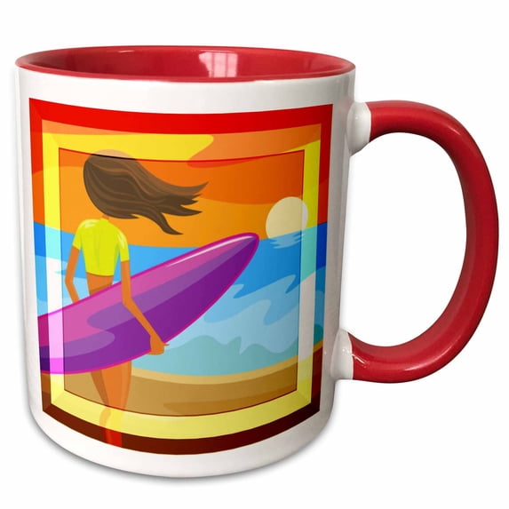 3drose, Pretty Surfer Girl Beach Art, 15oz Two-tone Red Mug