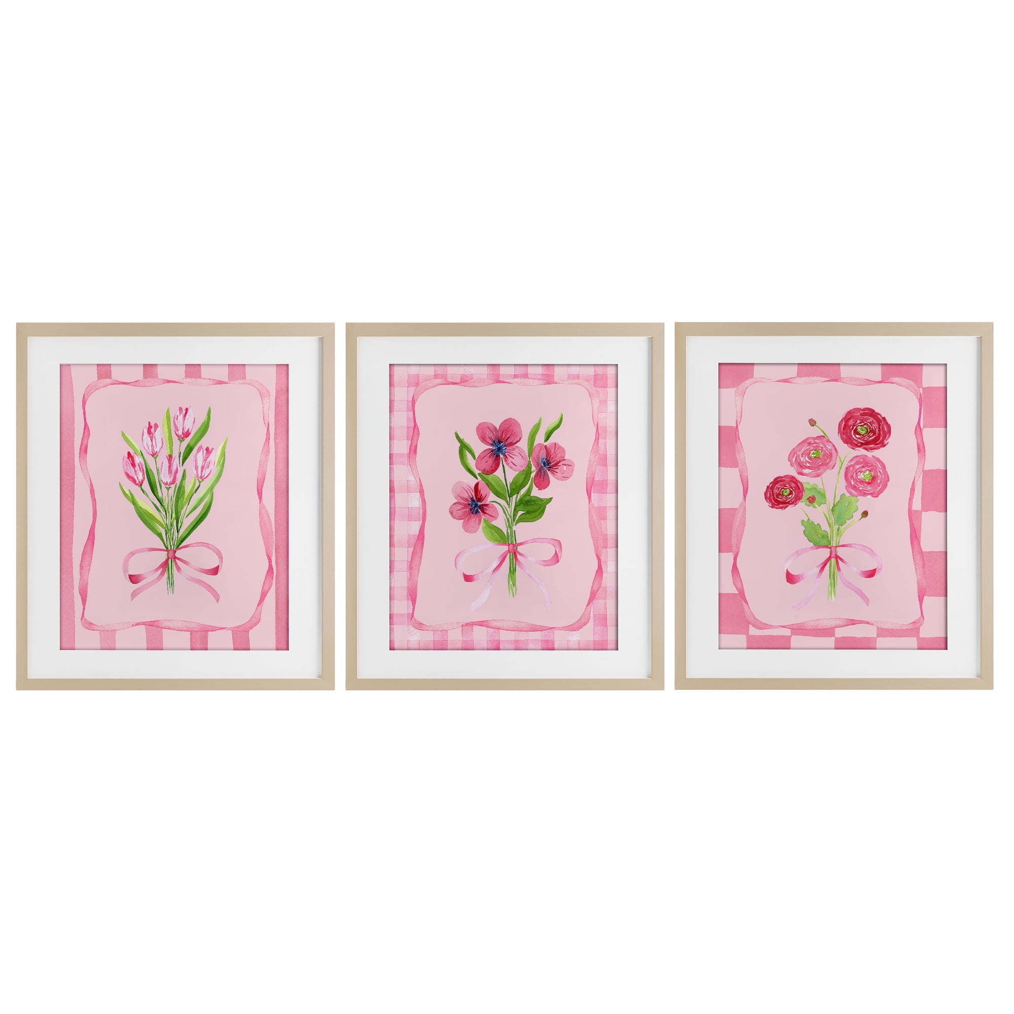 Pretty & Sweet Bordered Flowers 3 Piece Birch Framed Print Under Glass Set, design by Nina Jacobs