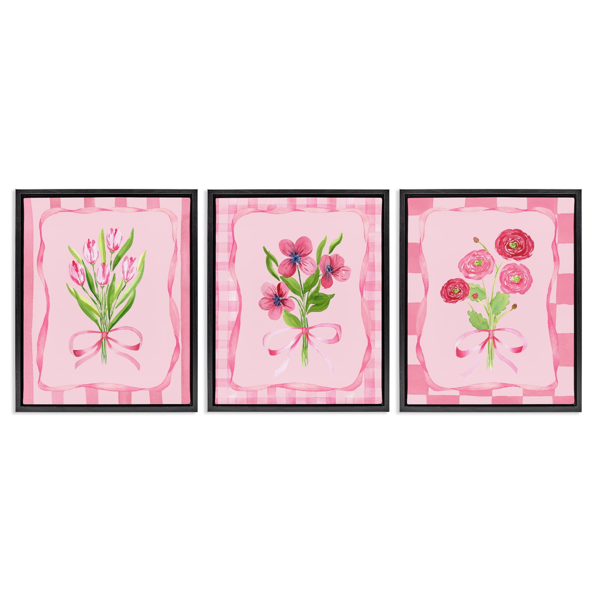 Pretty & Sweet Bordered Flowers 3 Piece Black Framed Floater Canvas Set, design by Nina Jacobs