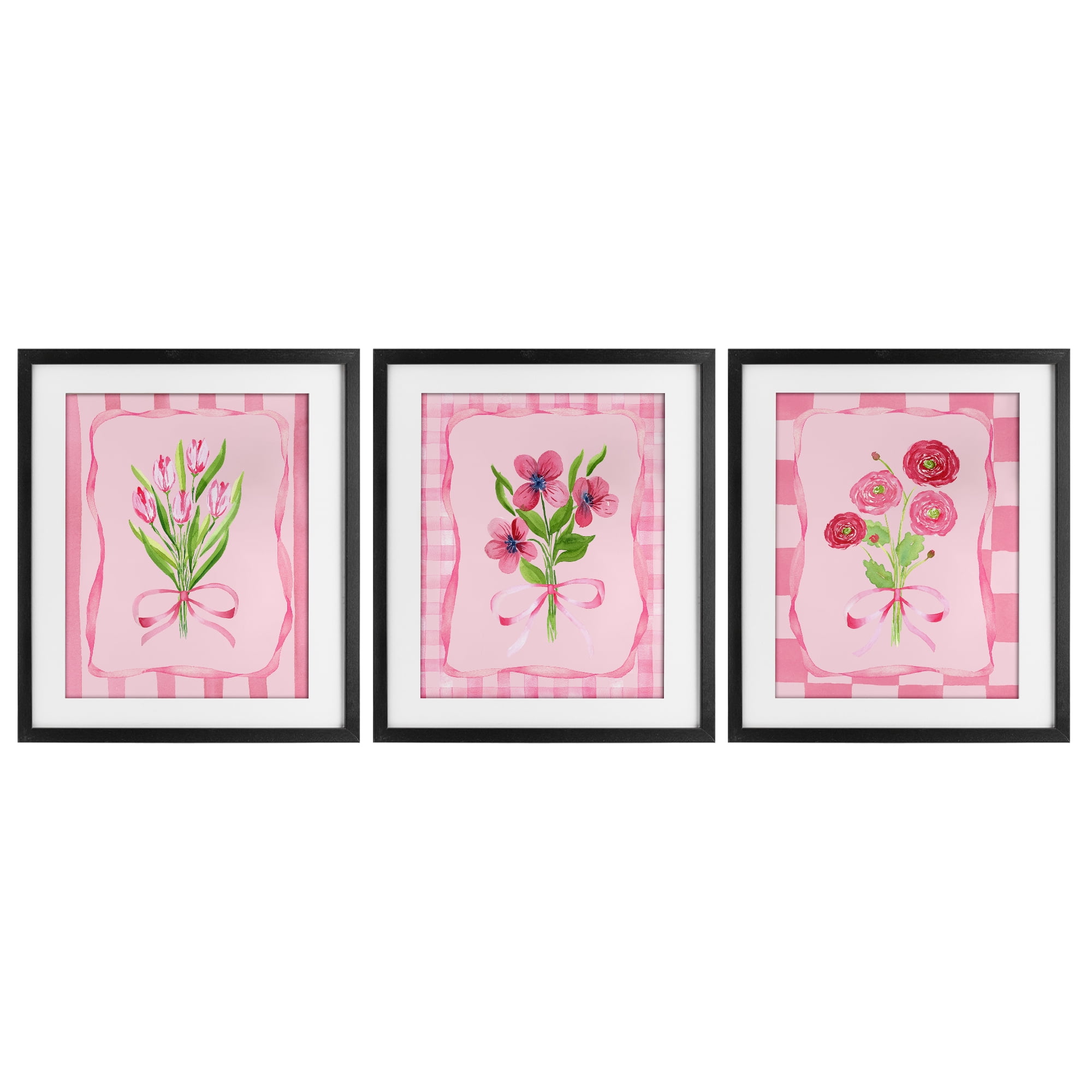 Pretty & Sweet Bordered Flowers 3 Piece Black Framed Print Under Glass Set, design by Nina Jacobs