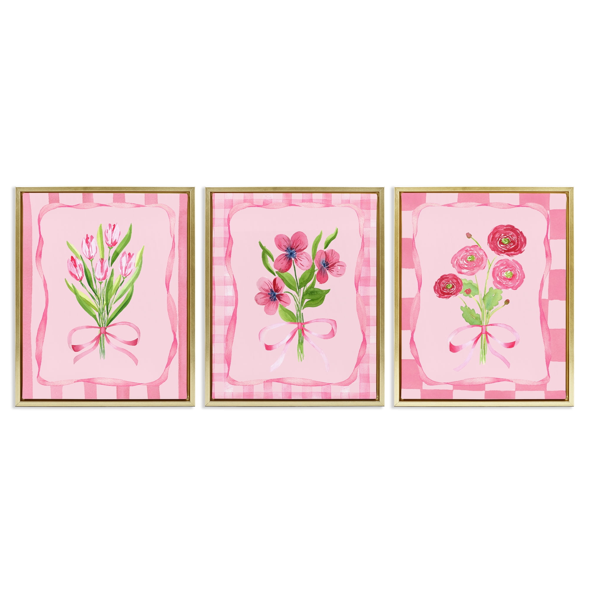 Pretty & Sweet Bordered Flowers 3 Piece Gold Framed Floater Canvas Set, design by Nina Jacobs