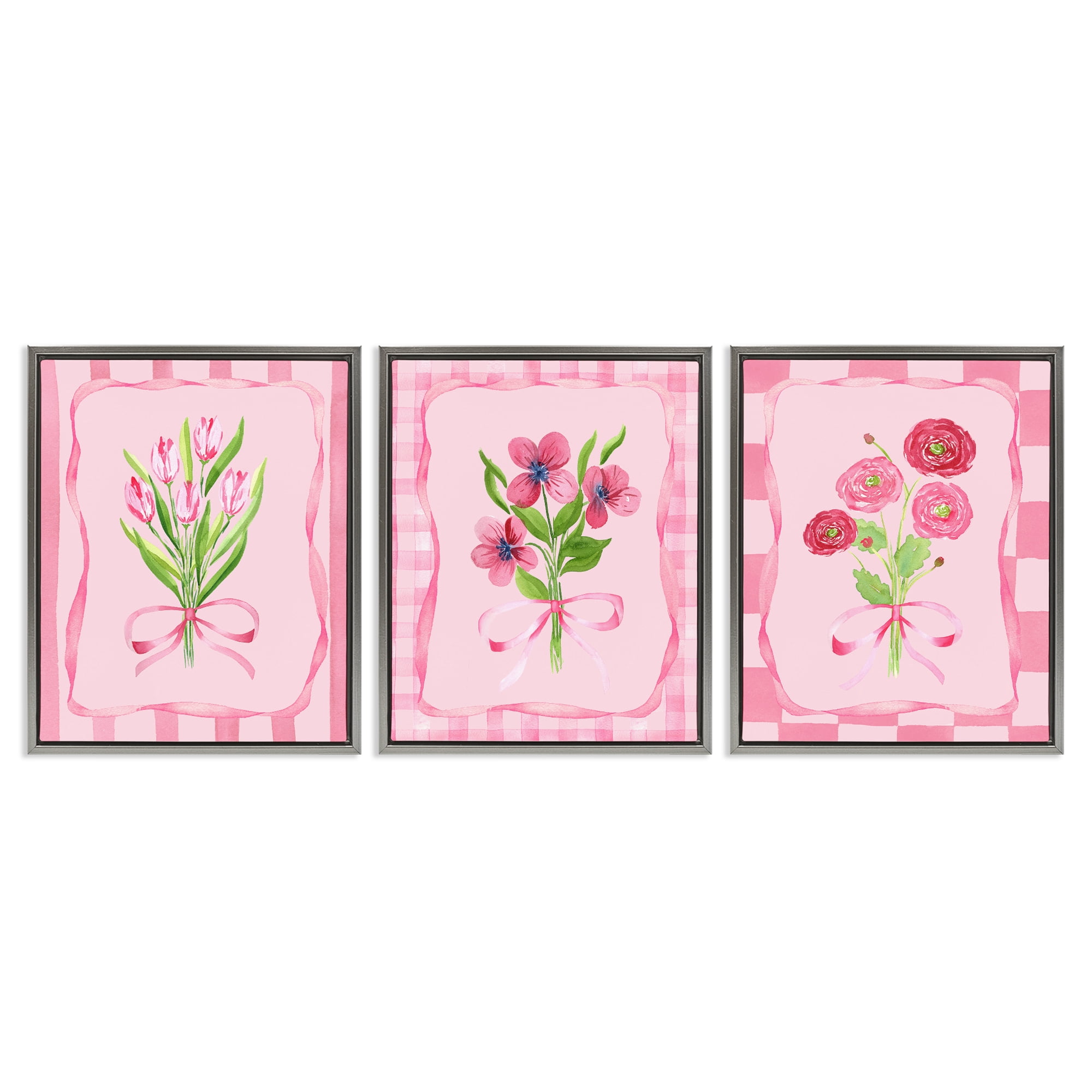 Pretty & Sweet Bordered Flowers 3 Piece Gray Framed Floater Canvas Set, design by Nina Jacobs