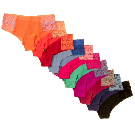 Pretty Sweet Intimates Laser Cut Seamless Cheeky Bikini Underwear with Lace, Assorted, L, 10 Pack