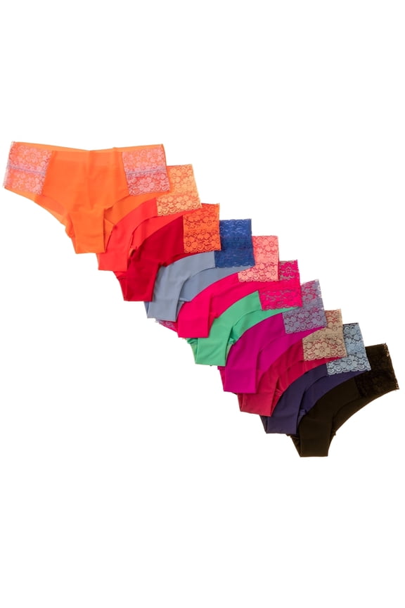 Laser Cut Seamless Cheeky Bikini Underwear with Lace, Assorted, S, 10 Pack