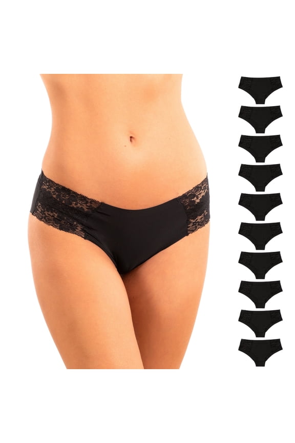 Laser Cut Seamless Cheeky Bikini Underwear with Lace, Black, M, 10 Pack