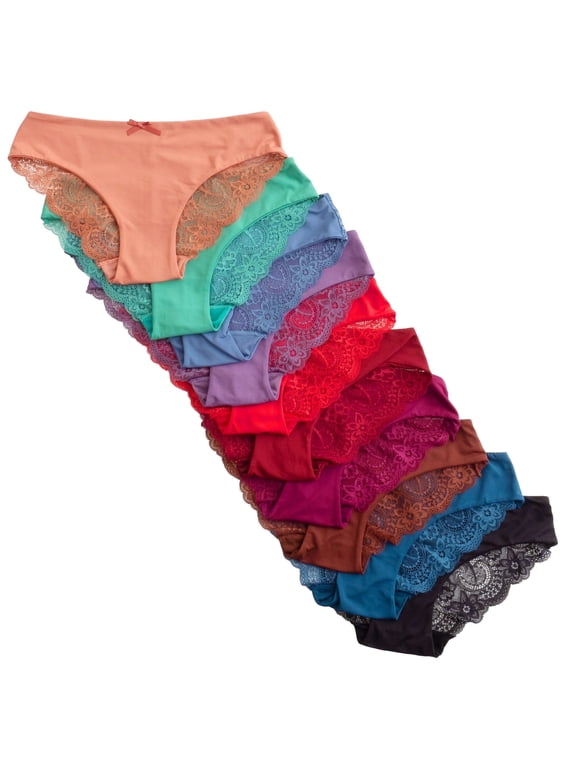Laser Cut Seamless Cheeky Bikini Underwear with Lace, Lace Back, S, 10 Pack
