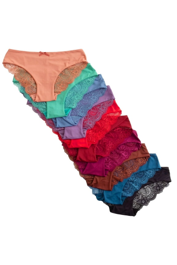 Laser Cut Seamless Cheeky Bikini Underwear with Lace, Lace Back, S, 10 Pack