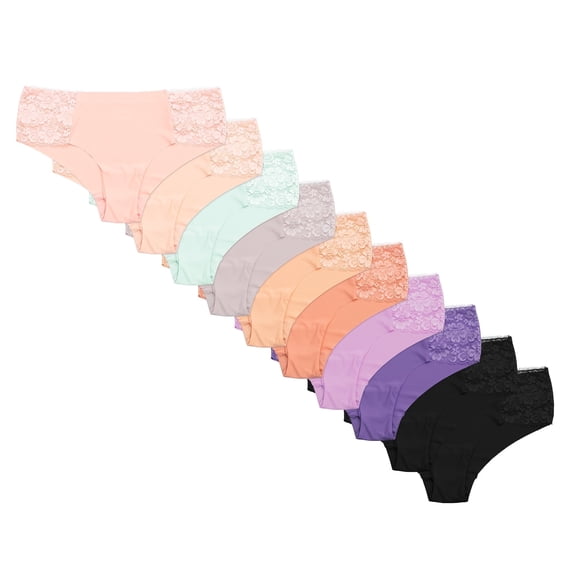 Pretty Sweet Intimates Laser Cut Seamless Cheeky Bikini Underwear with Lace, Light Colors, M, 10 Pack