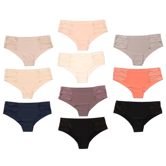 Pretty Sweet Intimates Laser Cut Seamless Cheeky Bikini Underwear with Lace, Pastels, L, 10 Pack