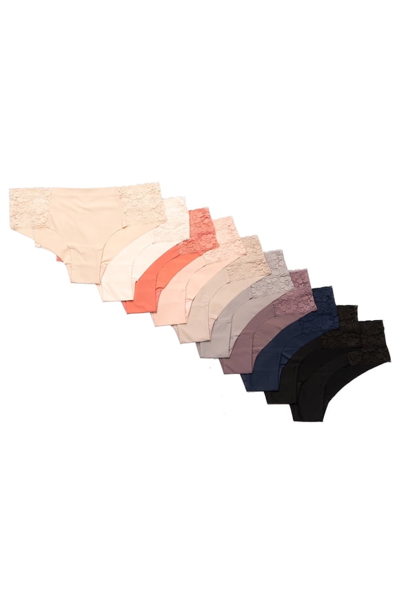 Laser Cut Seamless Cheeky Bikini Underwear with Lace, Pastels, S, 10 Pack