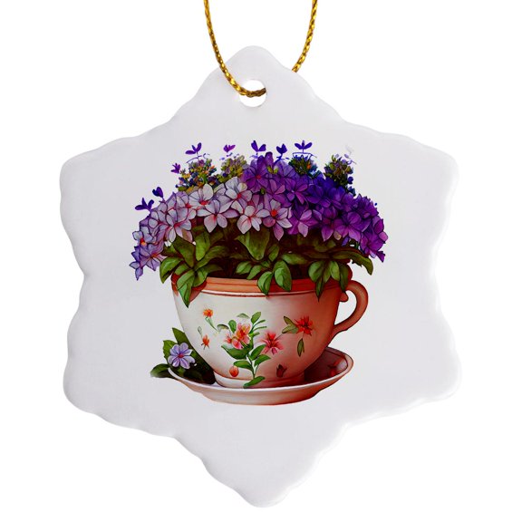 3drose, Pretty Teacup of Flowers Illustration, 3 inch Snowflake Porcelain Ornament