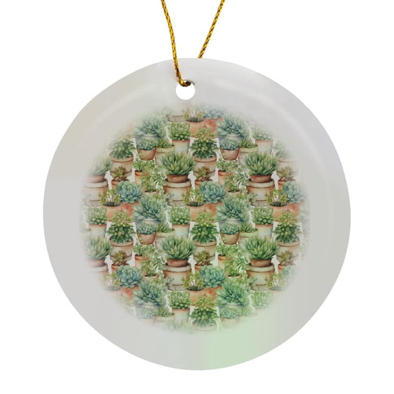3drose, Pretty Terra Cotta Potted Catus Pattern, Circle Porcelain Ornament