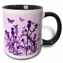 3drose, Pretty Thistles and Butterflies Design in Shades of Purple, 15oz Two-tone Black Mug