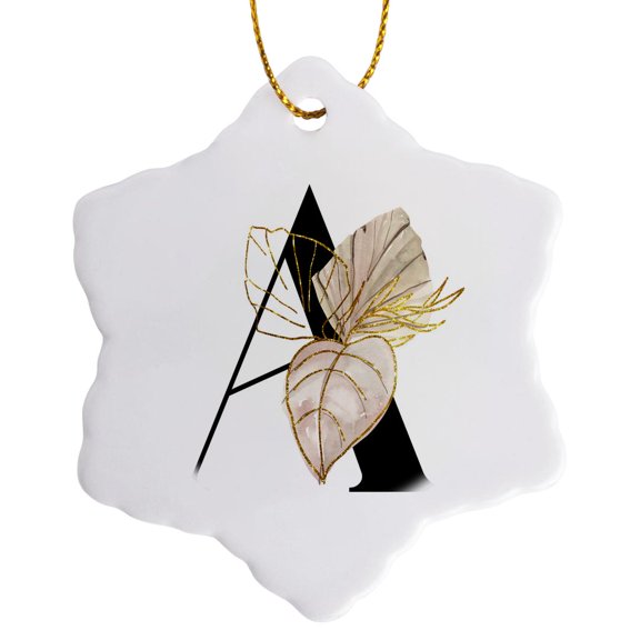 3drose, Pretty Tropical Leaf Monogram Initial A, 3 inch Snowflake Porcelain Ornament