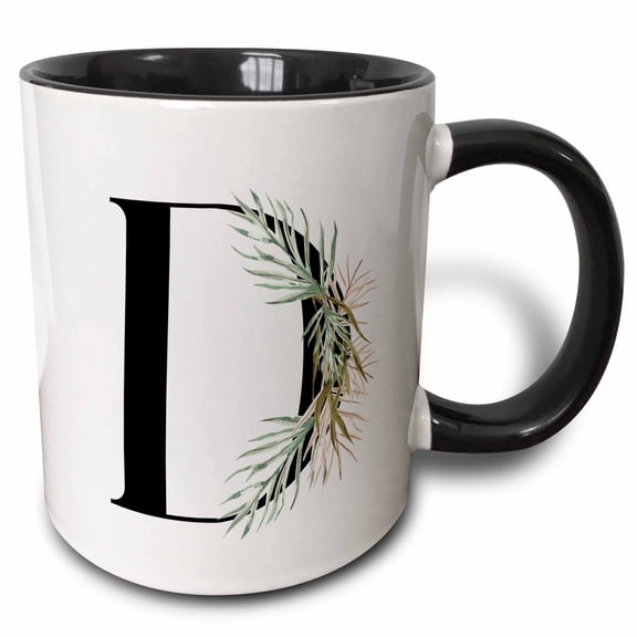 3drose, Pretty Tropical Leaf Monogram Initial D, 11oz Two-tone Black Mug