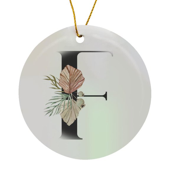 3drose, Pretty Tropical Leaf Monogram Initial F, Circle Porcelain Ornament