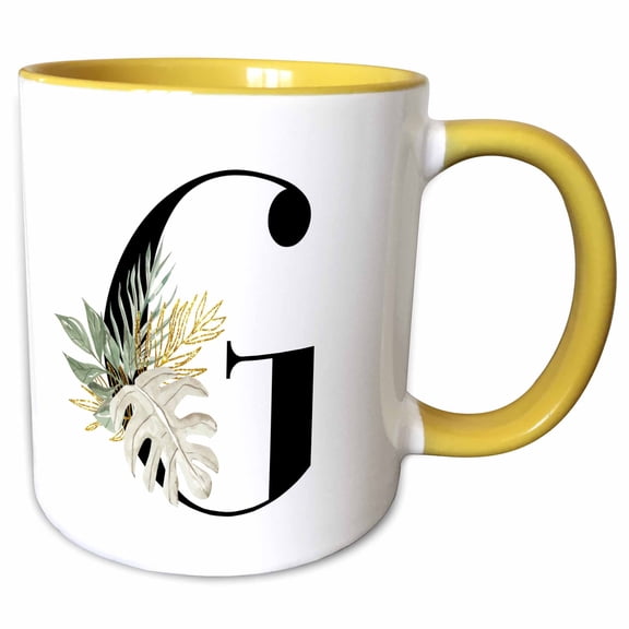 3drose, Pretty Tropical Leaf Monogram Initial G, 11oz Two-tone Yellow Mug