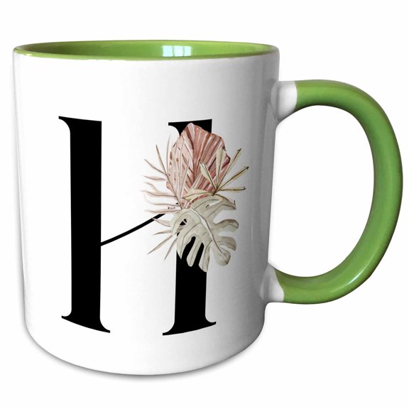 3drose, Pretty Tropical Leaf Monogram Initial H, 15oz Two-tone Green Mug