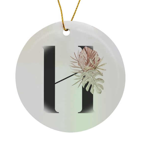 3drose, Pretty Tropical Leaf Monogram Initial H, Circle Porcelain Ornament