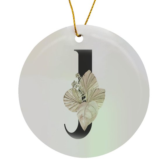 3drose, Pretty Tropical Leaf Monogram Initial J, Circle Porcelain Ornament