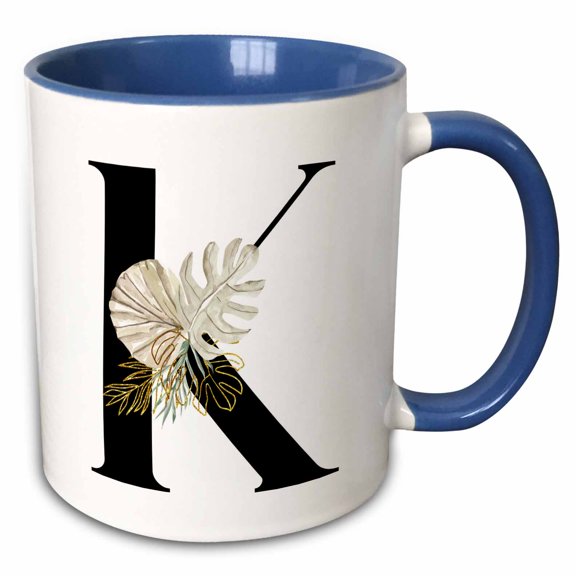 3drose, Pretty Tropical Leaf Monogram Initial K, 11oz Two-tone Blue Mug