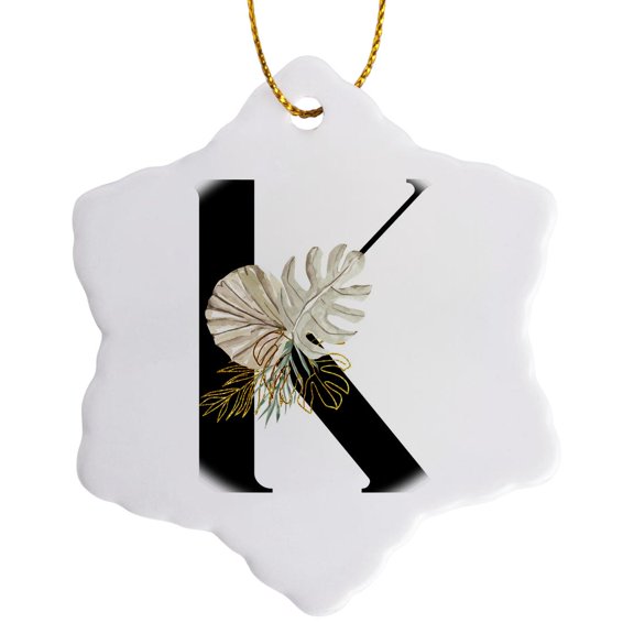 3drose, Pretty Tropical Leaf Monogram Initial K, 3 inch Snowflake Porcelain Ornament