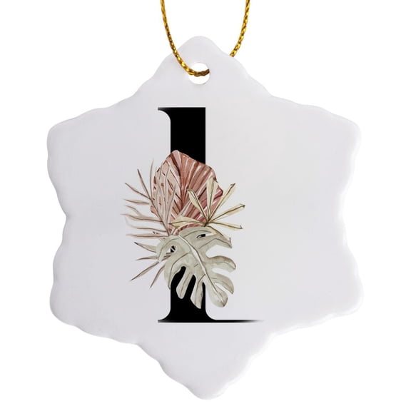 3drose, Pretty Tropical Leaf Monogram Initial L, 3 inch Snowflake Porcelain Ornament