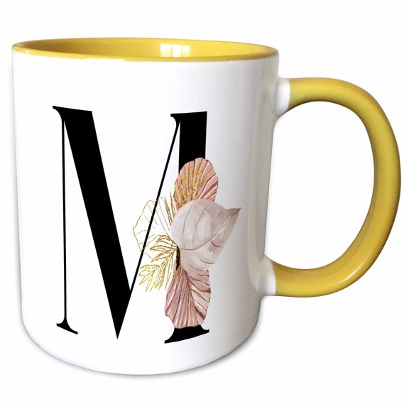 3drose, Pretty Tropical Leaf Monogram Initial M, 11oz Two-tone Yellow Mug