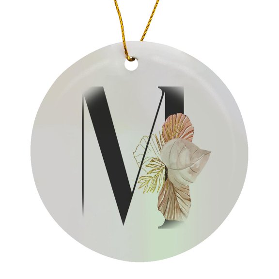 3drose, Pretty Tropical Leaf Monogram Initial M, Circle Porcelain Ornament