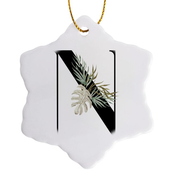 3drose, Pretty Tropical Leaf Monogram Initial N, 3 inch Snowflake Porcelain Ornament