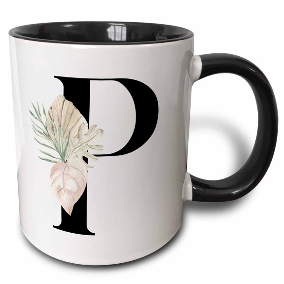 3drose, Pretty Tropical Leaf Monogram Initial P, 11oz Two-tone Black Mug