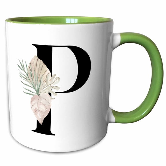 3drose, Pretty Tropical Leaf Monogram Initial P, 11oz Two-tone Green Mug