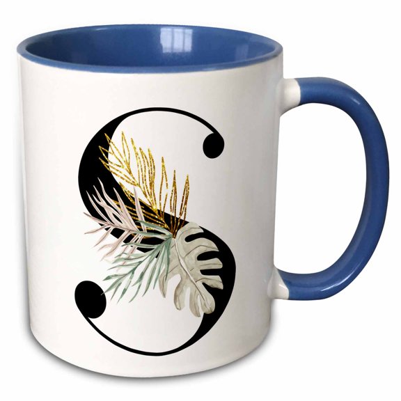 3drose, Pretty Tropical Leaf Monogram Initial S, 15oz Two-tone Blue Mug