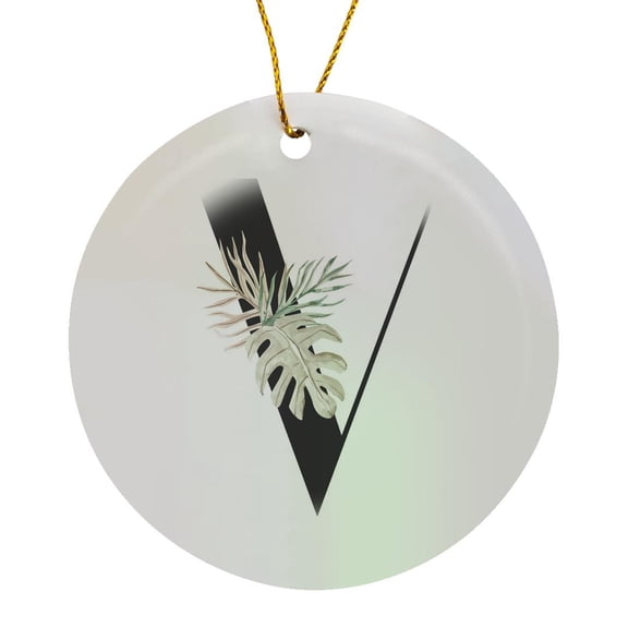 3drose, Pretty Tropical Leaf Monogram Initial V, Circle Porcelain Ornament