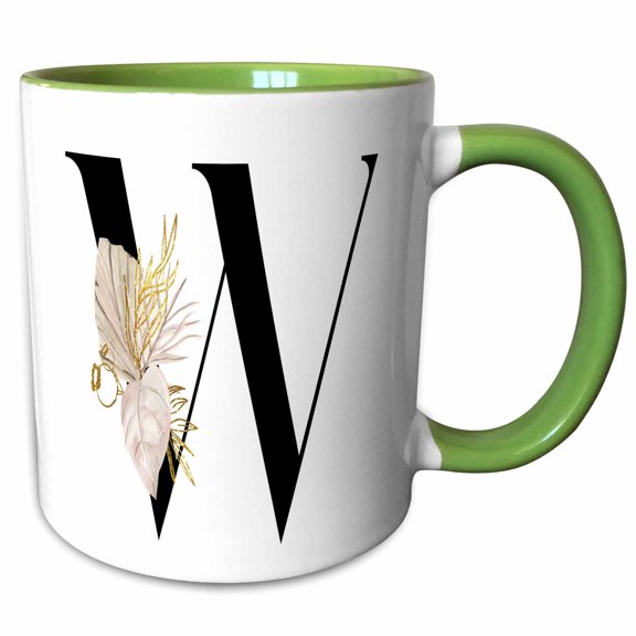 3drose, Pretty Tropical Leaf Monogram Initial W, 11oz Two-tone Green Mug