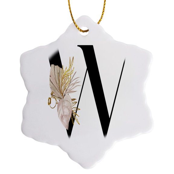 3drose, Pretty Tropical Leaf Monogram Initial W, 3 inch Snowflake Porcelain Ornament
