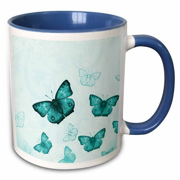3drose, Pretty Turquoise Flying Butterflies Pattern with Butterfly Silhouettes, 11oz Two-tone Blue Mug